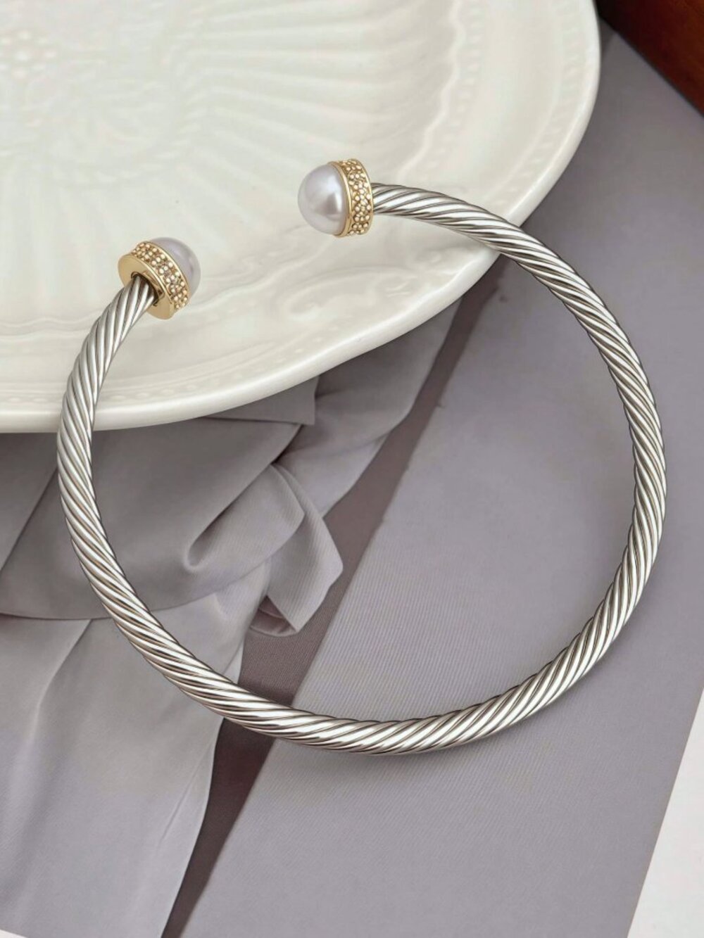 Stainless Steel Cable Bracelet with‎ fake pearl